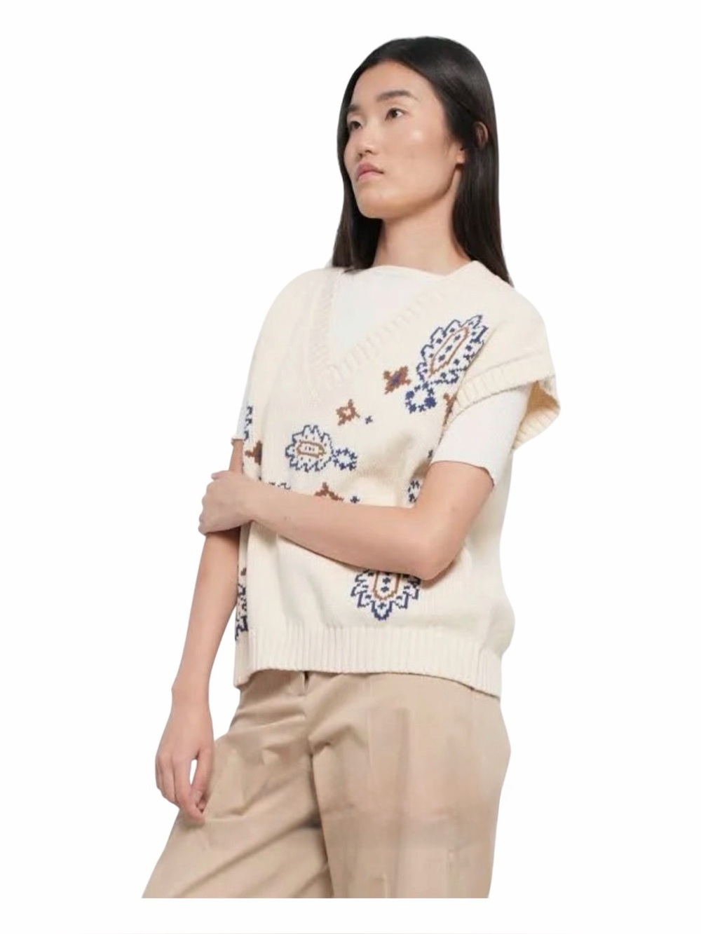 Weekend MaxMara Crusca NWOT Ivory Knit V-Neck Vest W/Blue & Brown Pattern. Small - Picture 15 of 16